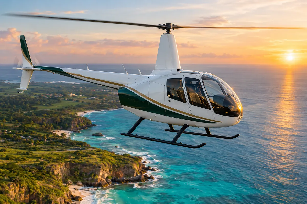 Robinson 66 helicopter flying along the coast